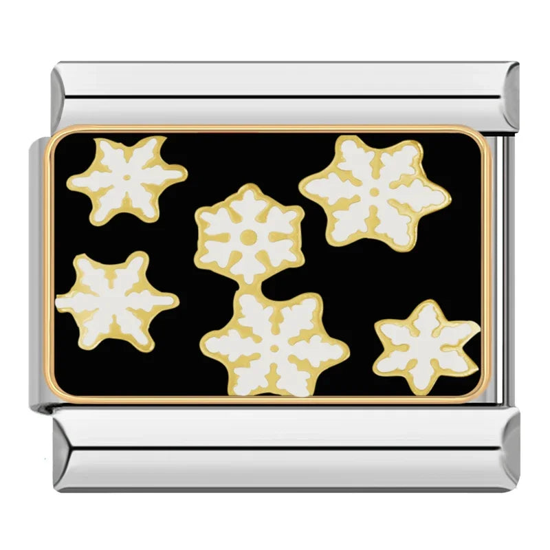 Glaze Charms: Flower, Star, Snowflake & Cherry – gold snowflakes on black enamel rectangle charm, Italian charm bracelet charm by Charmtastic