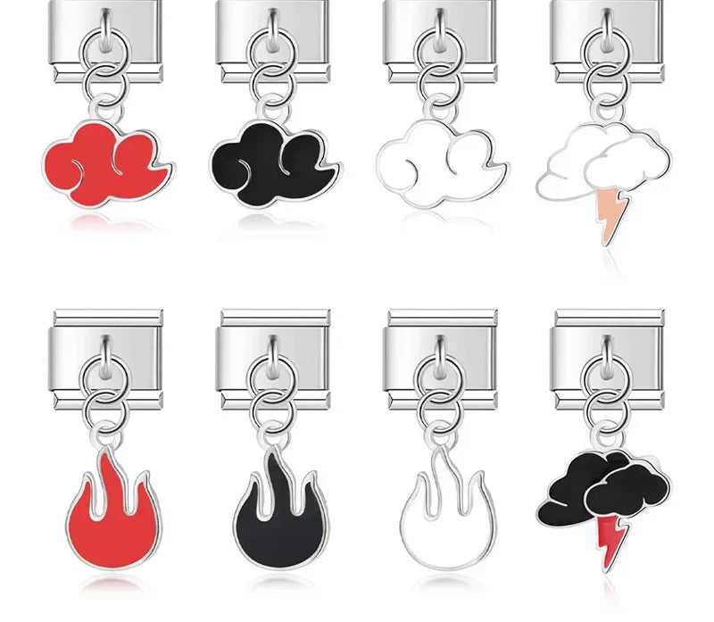 Glaze Clouds Thunder Flames Naruto charms – silver cloud, flame, and lightning bolt charm set with colored enamel, Italian charm bracelet charms by Charmtastic