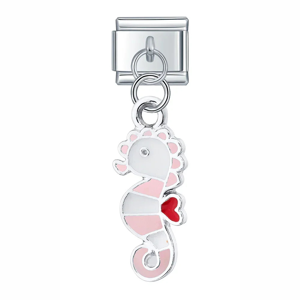 Glaze Dragonfly Seahorse Bee Mushroom Charms – seahorse charm in pink, Italian charm bracelet charm by Charmtastic