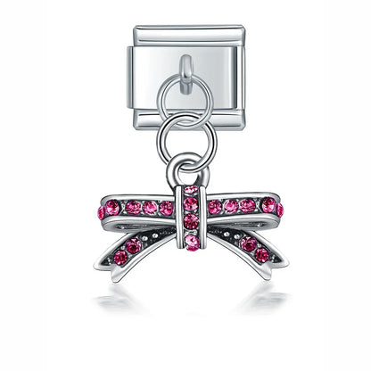 Glaze Flower MOM 16 18 21 Birthday Charms – bow charm with cz crystals in magenta, Italian charm bracelet charm by Charmtastic