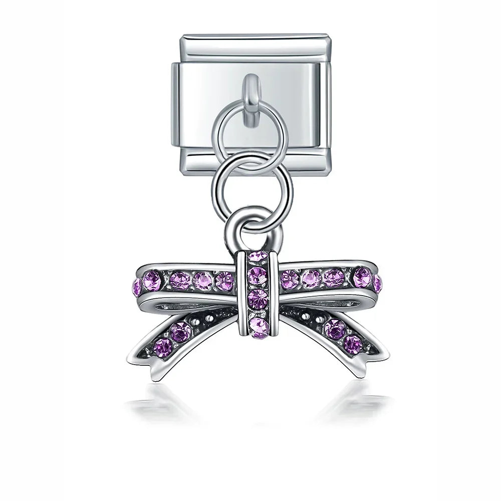 Glaze Flower MOM 16 18 21 Birthday Charms – bow charm with cz crystals in purple, Italian charm bracelet charm by Charmtastic
