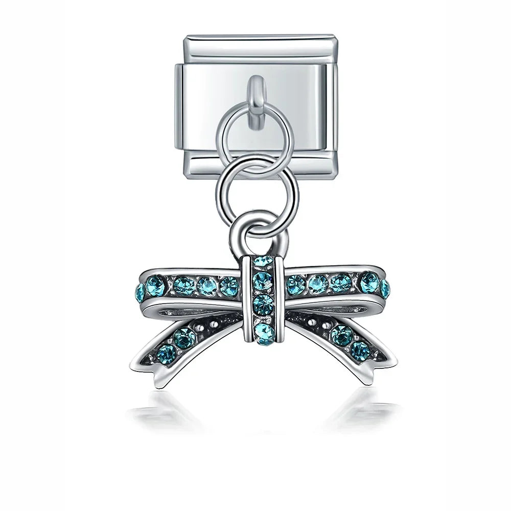 Glaze Flower MOM 16 18 21 Birthday Charms – bow charm with cz crystals in teal, Italian charm bracelet charm by Charmtastic