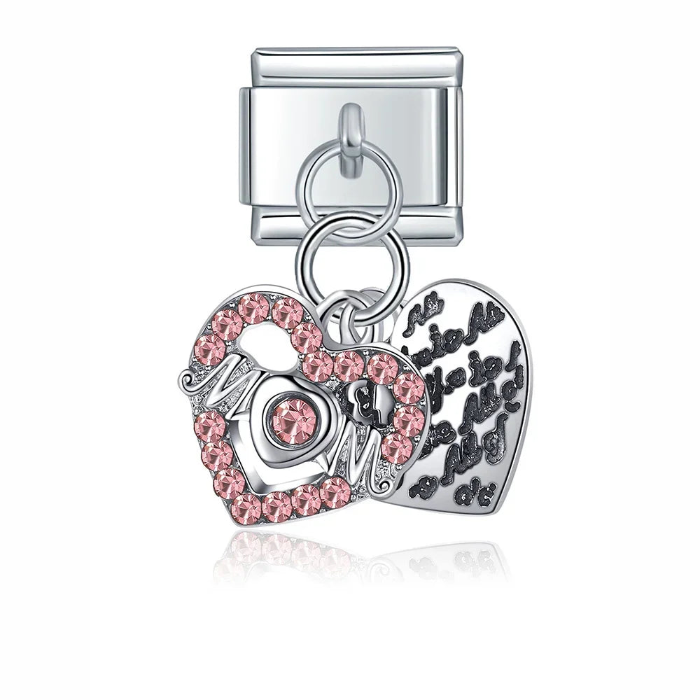 Glaze Flower MOM 16 18 21 Birthday Charms – MOM double heart charm with pink cz crystals, Italian charm bracelet charm by Charmtastic