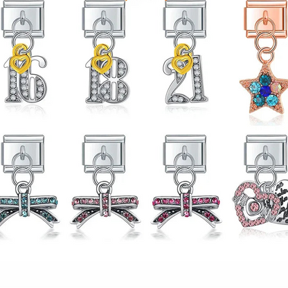 Glaze Flower MOM 16 18 21 Birthday Charms – number 16, 18, 21, bow, star, and MOM heart charms with cz crystals, Italian charm bracelet charms by Charmtastic