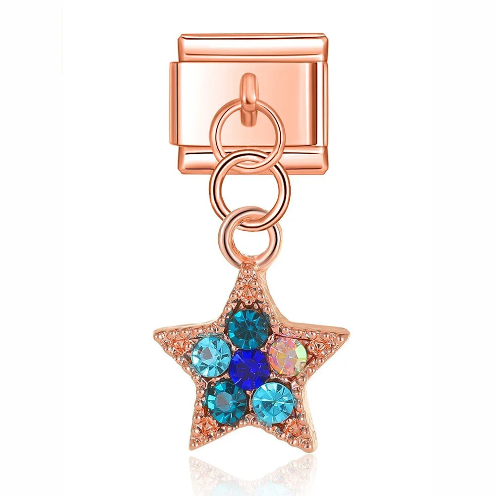 Glaze Flower MOM 16 18 21 Birthday Charms – star charm with blue cz crystals in rose gold, Italian charm bracelet charm by Charmtastic