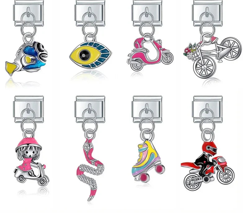 Glaze Snake Fish Eye Motorcycle charms – overview of fish, evil eye, scooter, bicycle, snake, roller skate and motorcycle charm designs, Italian charm bracelet charms by Charmtastic