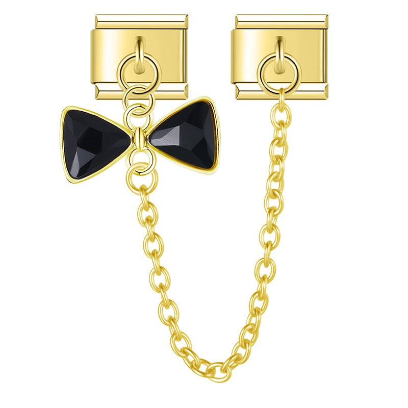 Gold black crystal bow safety chain Italian charm, by Charmtastic