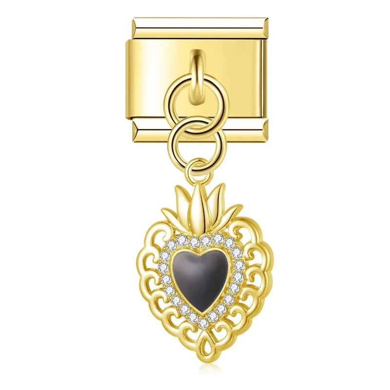 Gold black enamel sacred heart dangle Italian charm, by Charmtastic