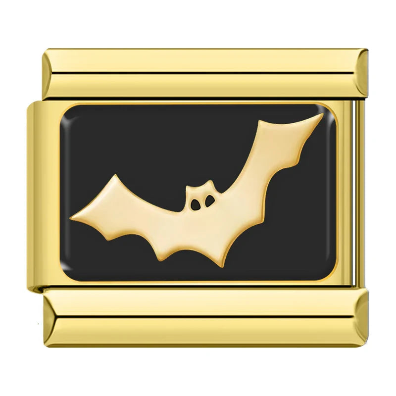Gold & Black Spooky Halloween Italian Charms – gold bat silhouette on black background enamel charm, Italian charm bracelet charm by Charmtastic
