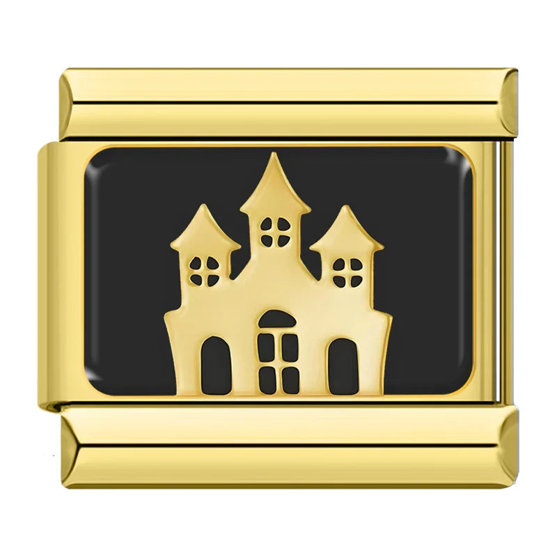 Gold & Black Spooky Halloween Italian Charms – gold haunted house with turrets on black background enamel charm, Italian charm bracelet charm by Charmtastic