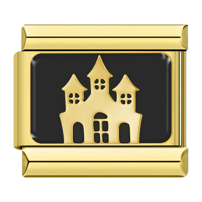 Gold & Black Spooky Halloween Italian Charms – gold haunted house with turrets on black background enamel charm, Italian charm bracelet charm by Charmtastic
