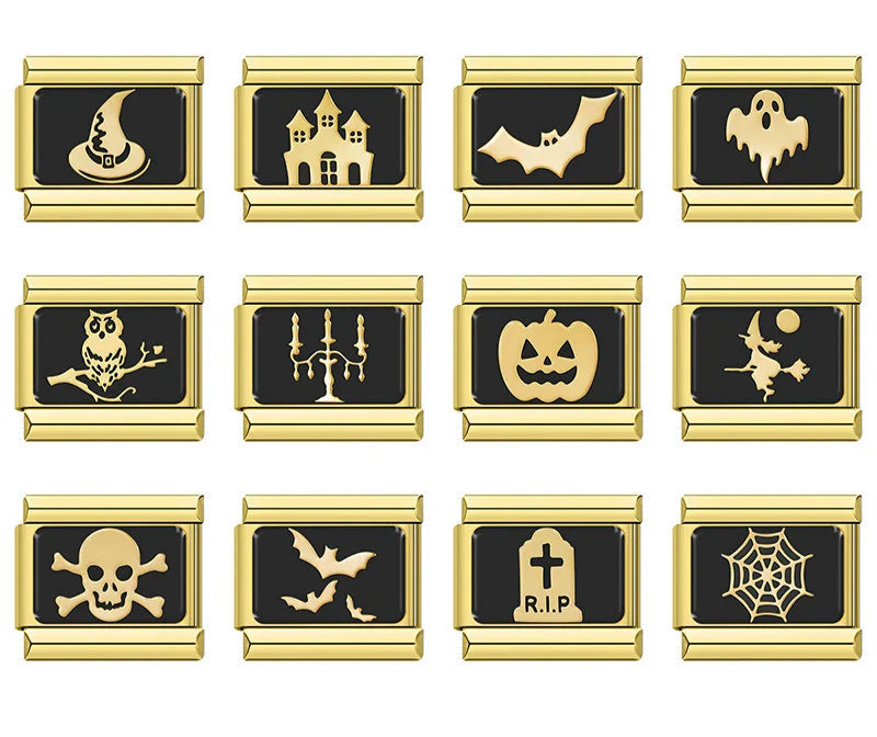 Gold & Black Spooky Halloween Italian Charms – overview of 12 gold-on-black enamel charms: witch hat, haunted house, bat, ghost, owl on branch, candelabra, jack-o-lantern, flying witch, skull and crossbones, bats, RIP gravestone, and spiderweb, Italian charm bracelet charms by Charmtastic