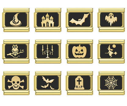 Gold & Black Spooky Halloween Italian Charms – overview of 12 gold-on-black enamel charms: witch hat, haunted house, bat, ghost, owl on branch, candelabra, jack-o-lantern, flying witch, skull and crossbones, bats, RIP gravestone, and spiderweb, Italian charm bracelet charms by Charmtastic