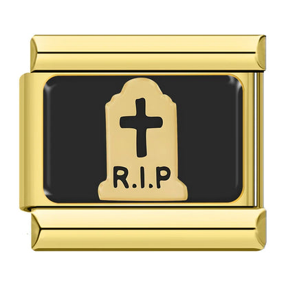 Gold & Black Spooky Halloween Italian Charms – gold RIP gravestone with cross on black background enamel charm, Italian charm bracelet charm by Charmtastic