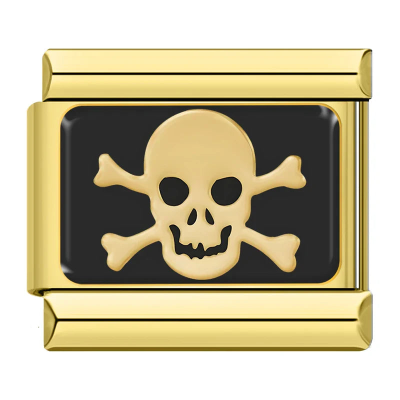 Gold & Black Spooky Halloween Italian Charms – gold skull and crossbones on black background enamel charm, Italian charm bracelet charm by Charmtastic