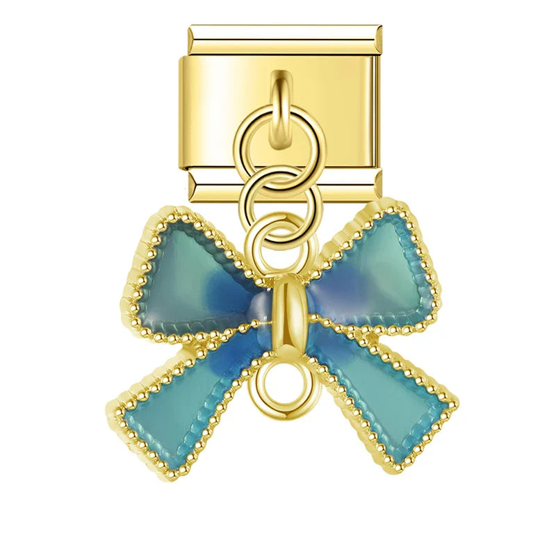 Gold enamel bow dangle in blue — Italian charm bracelet, by Charmtastic