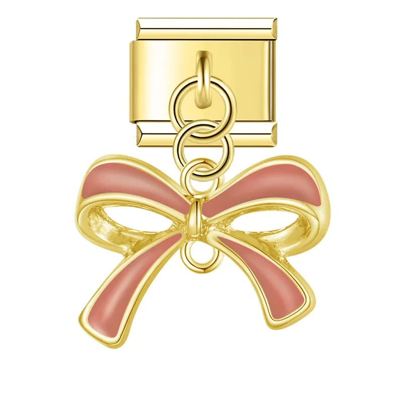 Gold enamel bow dangle in dusty pink — Italian charm bracelet, by Charmtastic