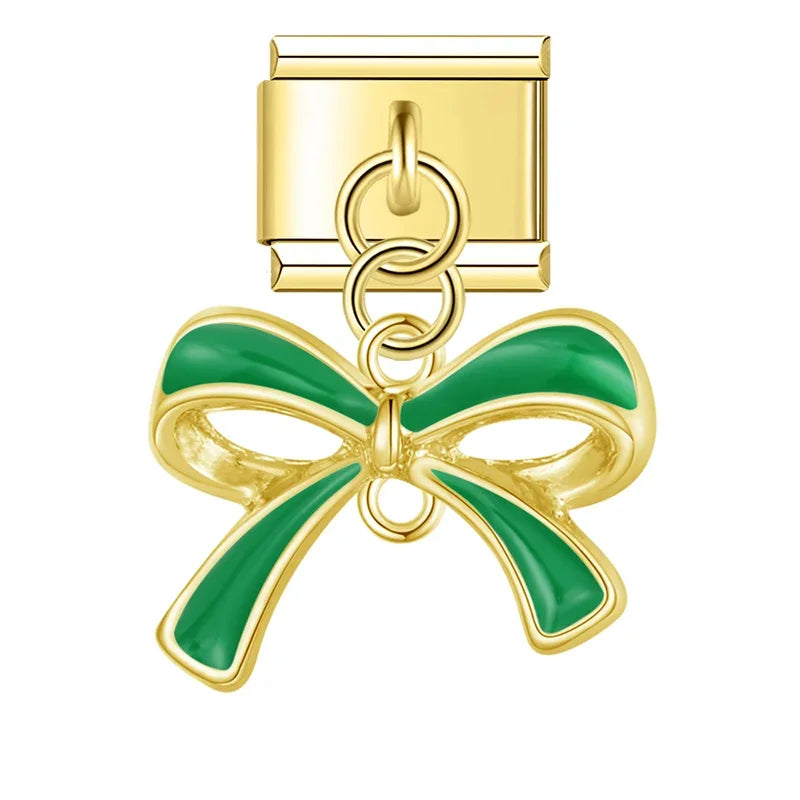 Gold enamel bow dangle in green — Italian charm bracelet, by Charmtastic