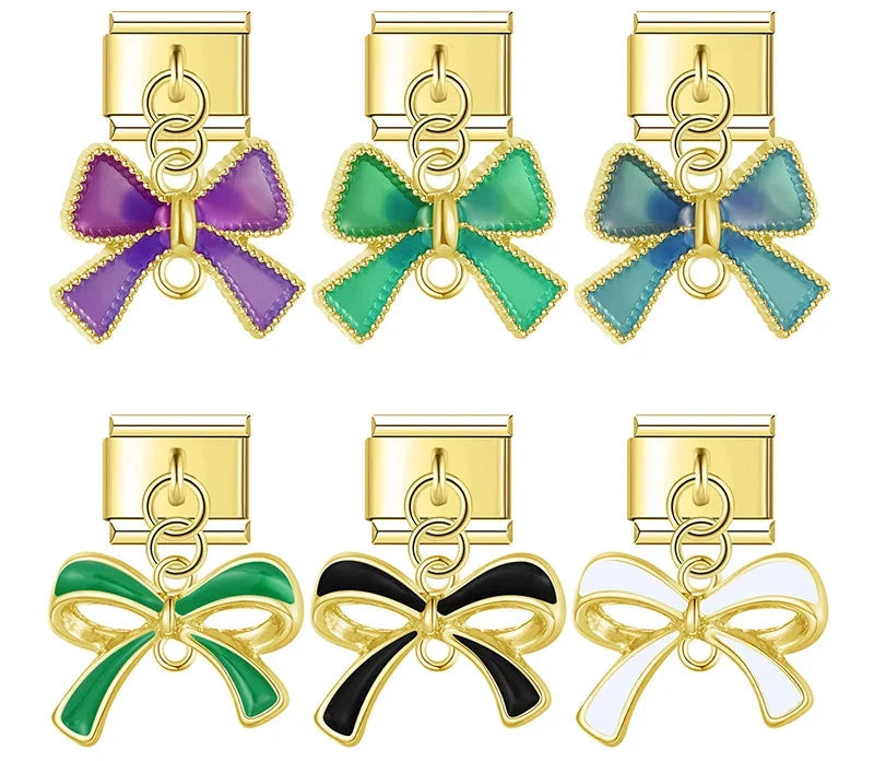 Colourful gold enamel bow dangle Italian charms collection, by Charmtastic