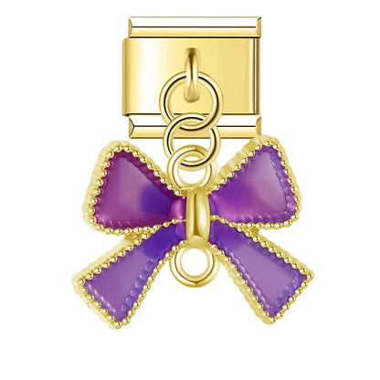 Gold enamel bow dangle in purple — Italian charm bracelet, by Charmtastic