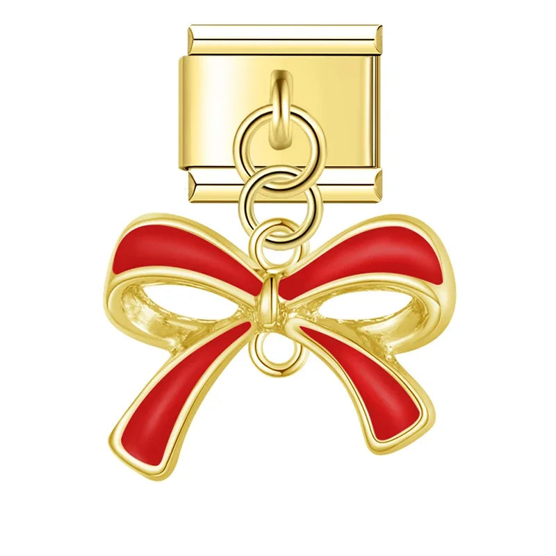 Gold enamel bow dangle in red — Italian charm bracelet, by Charmtastic