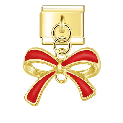 Gold enamel bow dangle in red — Italian charm bracelet, by Charmtastic