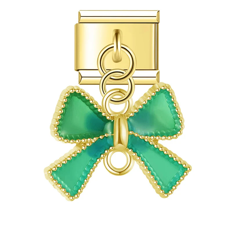 Gold enamel bow dangle in teal green — Italian charm bracelet, by Charmtastic