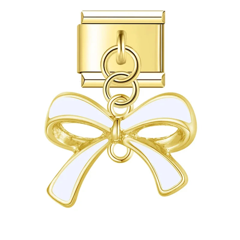 Gold enamel bow dangle in white — Italian charm bracelet, by Charmtastic