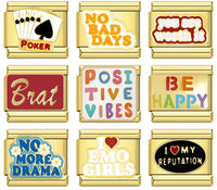 Gold Poker, No Bad Days & Novelty Slogan Italian Charms — Fun Gold Enamel Bracelet Links