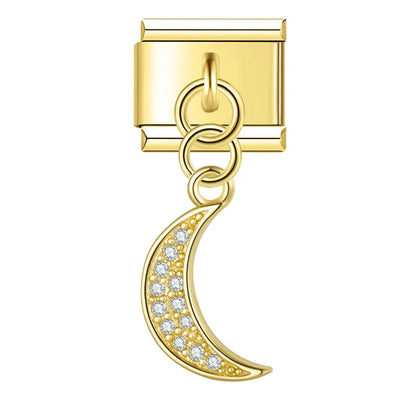 Gold crescent moon CZ dangle Italian charm, by Charmtastic