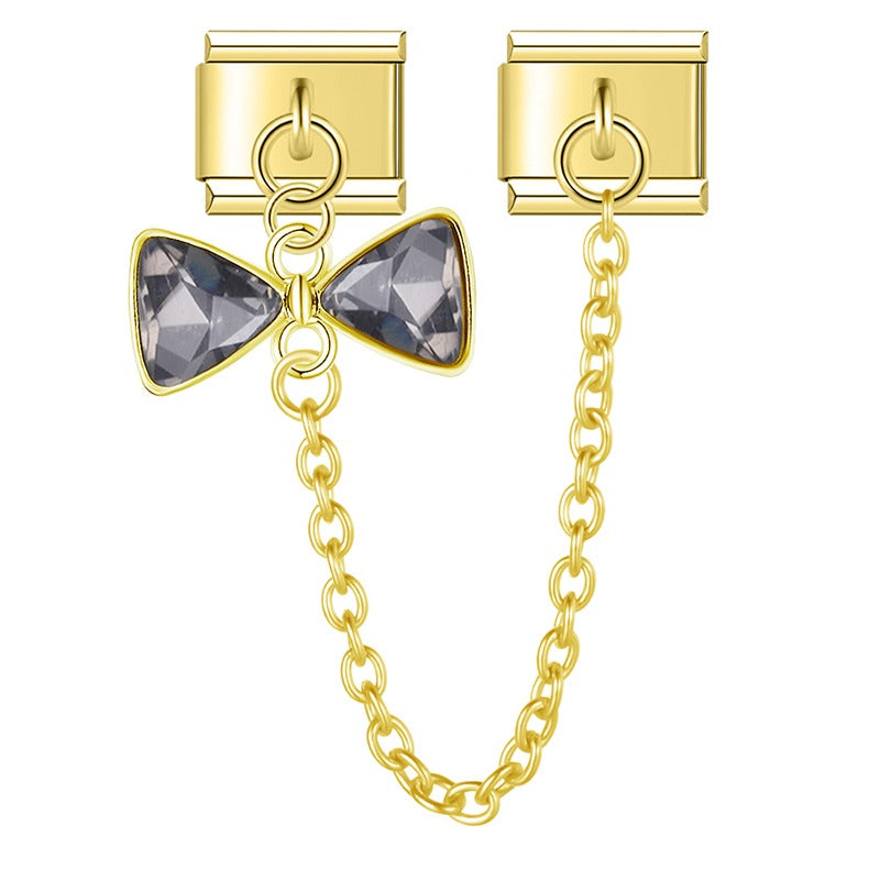 Gold gray crystal bow safety chain Italian charm, by Charmtastic