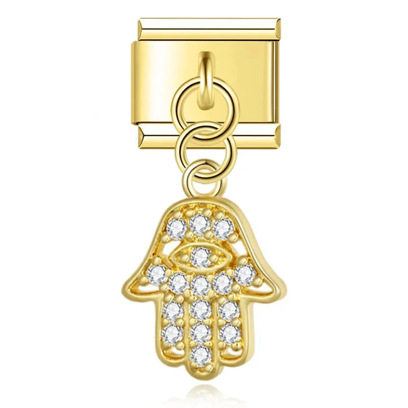 Gold hamsa hand CZ dangle Italian charm, by Charmtastic