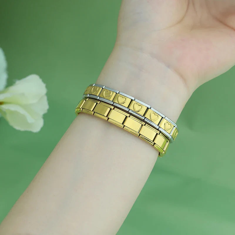 Gold italian charms bracelet – gold and silver heart charm bracelets stacked on wrist, by Charmtastic