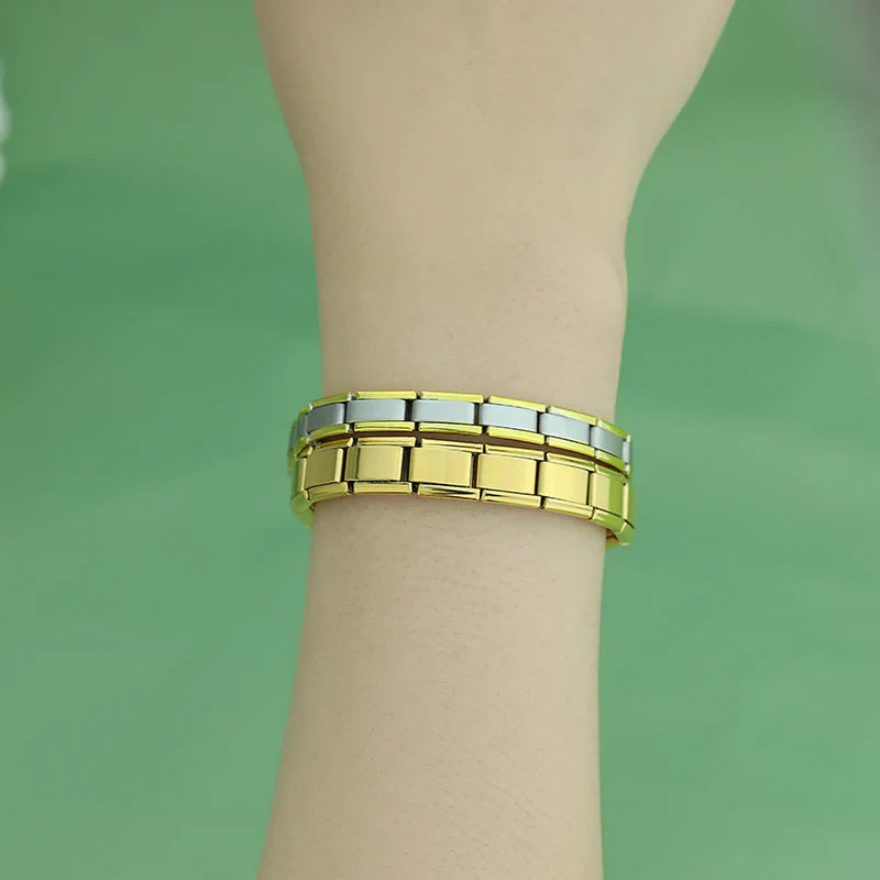 Gold italian charms bracelet – gold and silver charm bracelets stacked on wrist, by Charmtastic