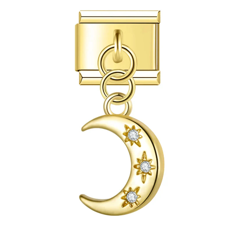 Gold moon and stars CZ dangle Italian charm, by Charmtastic