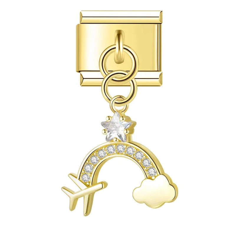Gold rainbow airplane CZ dangle Italian charm, by Charmtastic