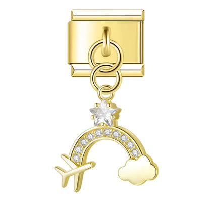 Gold rainbow airplane CZ dangle Italian charm, by Charmtastic