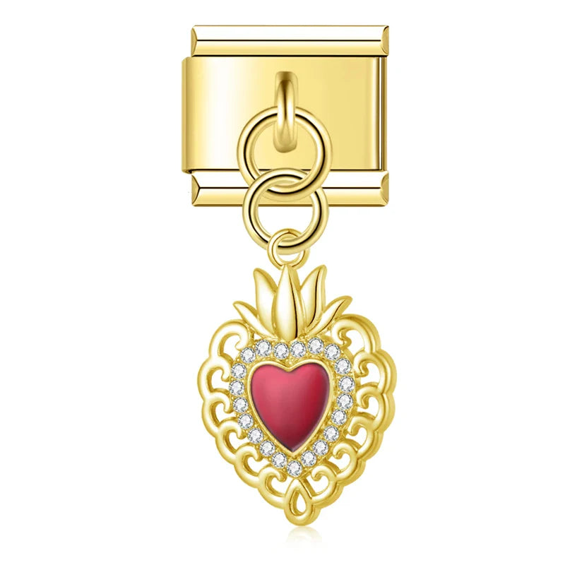 Gold red enamel sacred heart dangle Italian charm, by Charmtastic