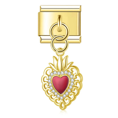 Gold red enamel sacred heart dangle Italian charm, by Charmtastic