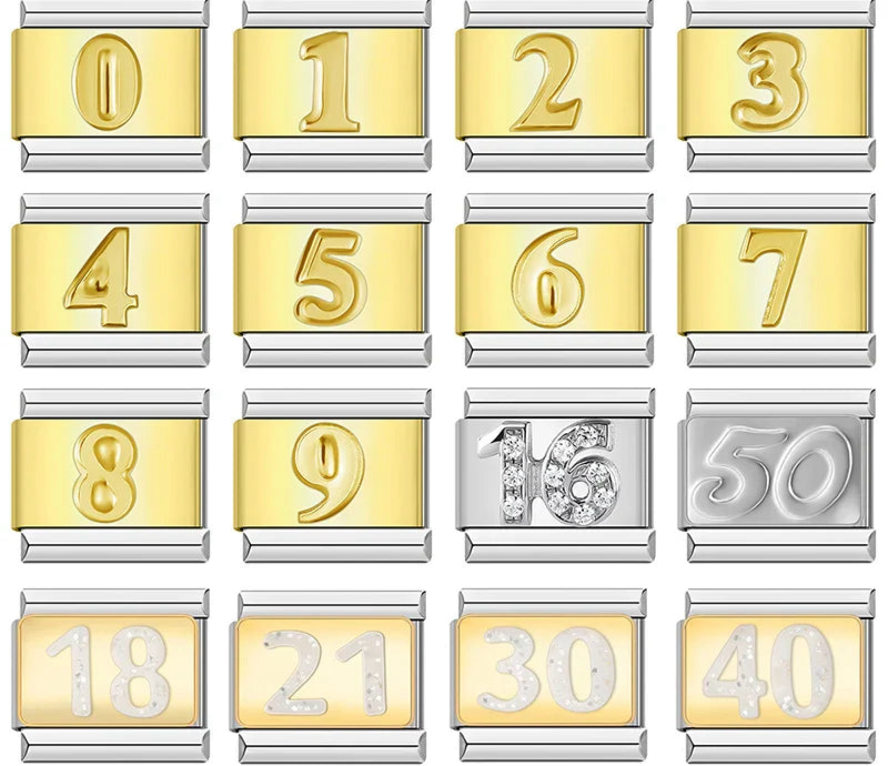 A set of 16 numeric Italian charms on 9mm modular links including gold digits 0-9 and sparkling milestone numbers for 16, 18, 21, 30, 40, and 50 - Charmtastic
