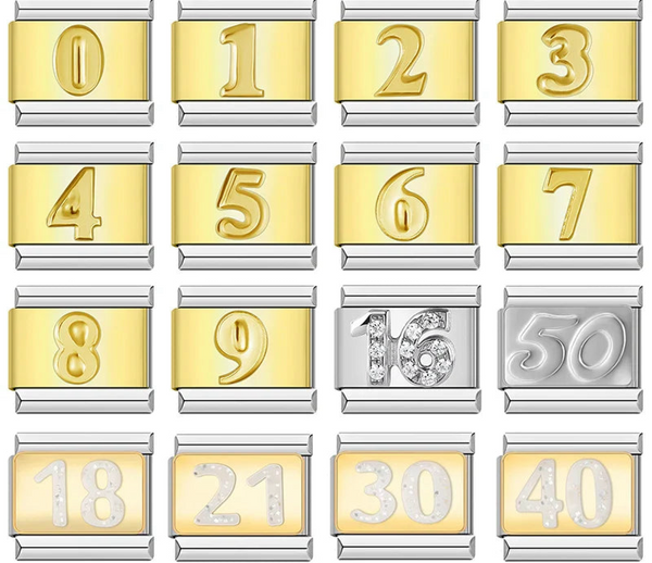 A set of 16 numeric Italian charms on 9mm modular links including gold digits 0-9 and sparkling milestone numbers for 16, 18, 21, 30, 40, and 50 - Charmtastic