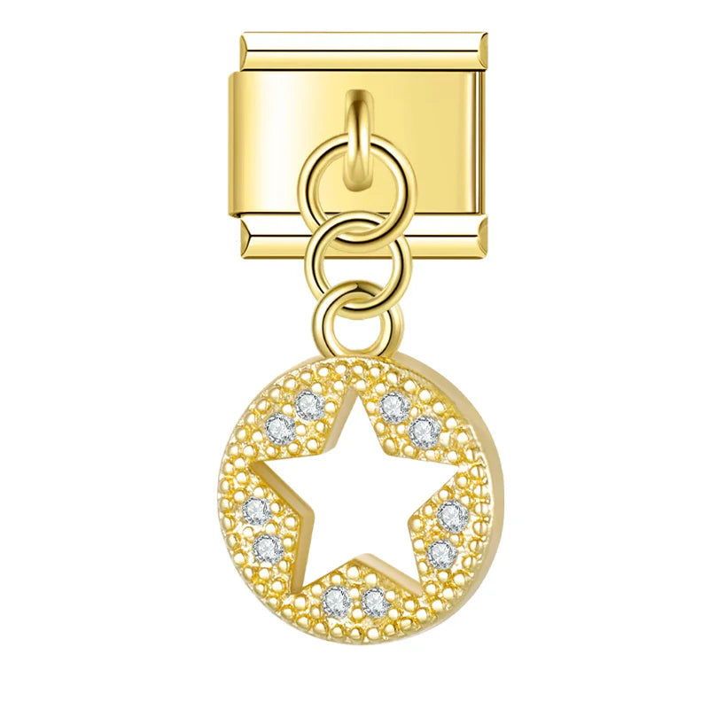 Gold star circle CZ dangle Italian charm, by Charmtastic
