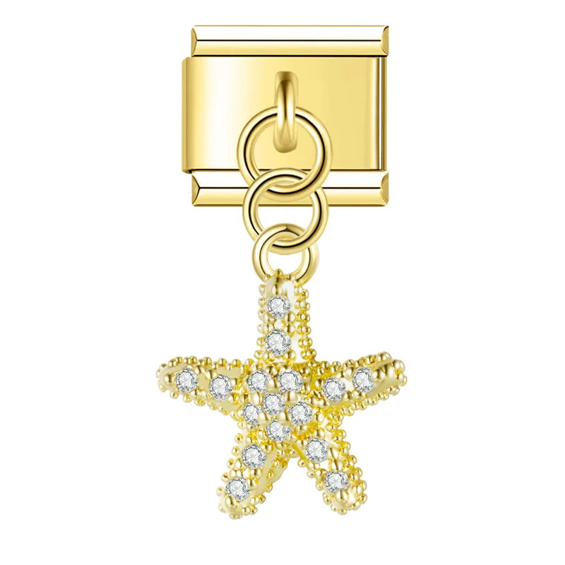 Gold starfish CZ dangle Italian charm, by Charmtastic
