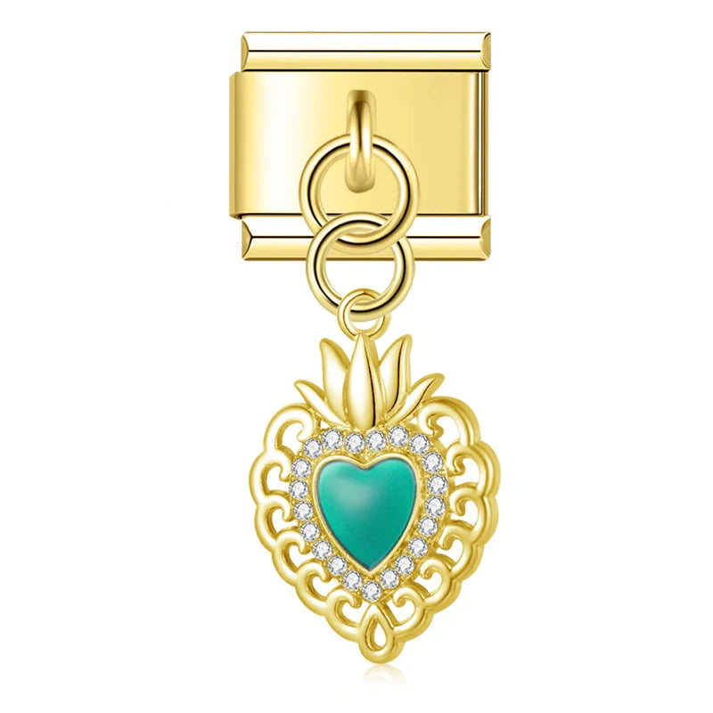 Gold teal enamel sacred heart dangle Italian charm, by Charmtastic