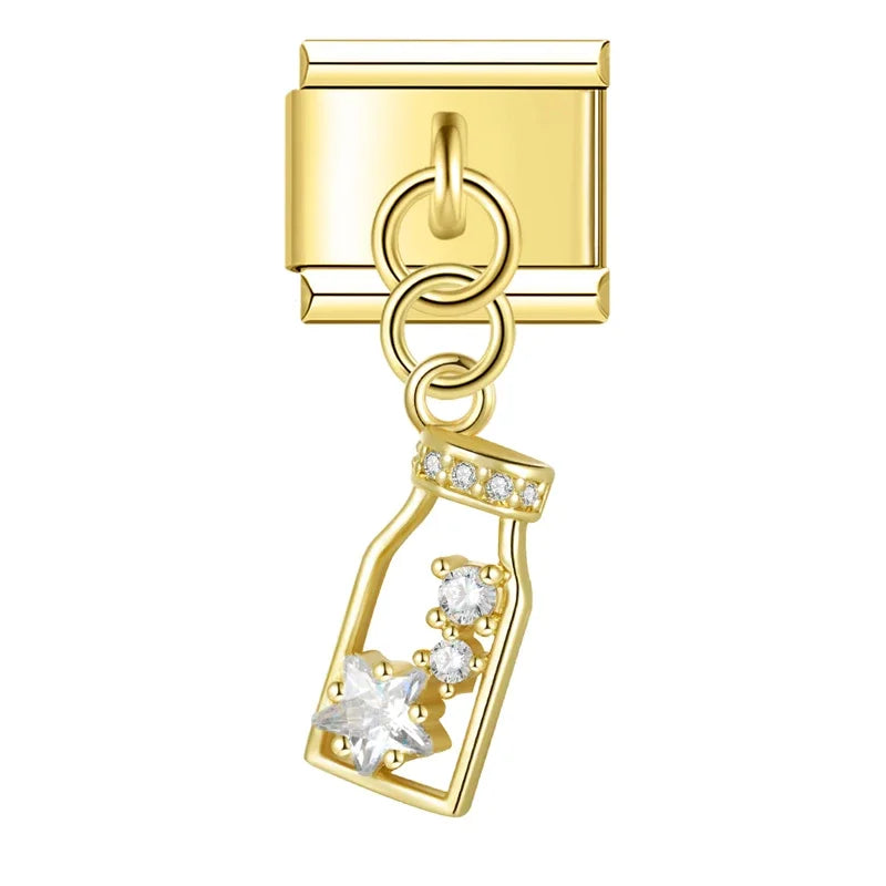 Gold wine bottle CZ dangle Italian charm, by Charmtastic