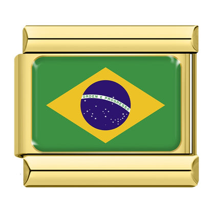 Gold World Nations Flag & Heritage Italian Charms – Brazil flag enamel charm with green field, yellow diamond, and blue globe in gold frame, Italian charm bracelet charm by Charmtastic