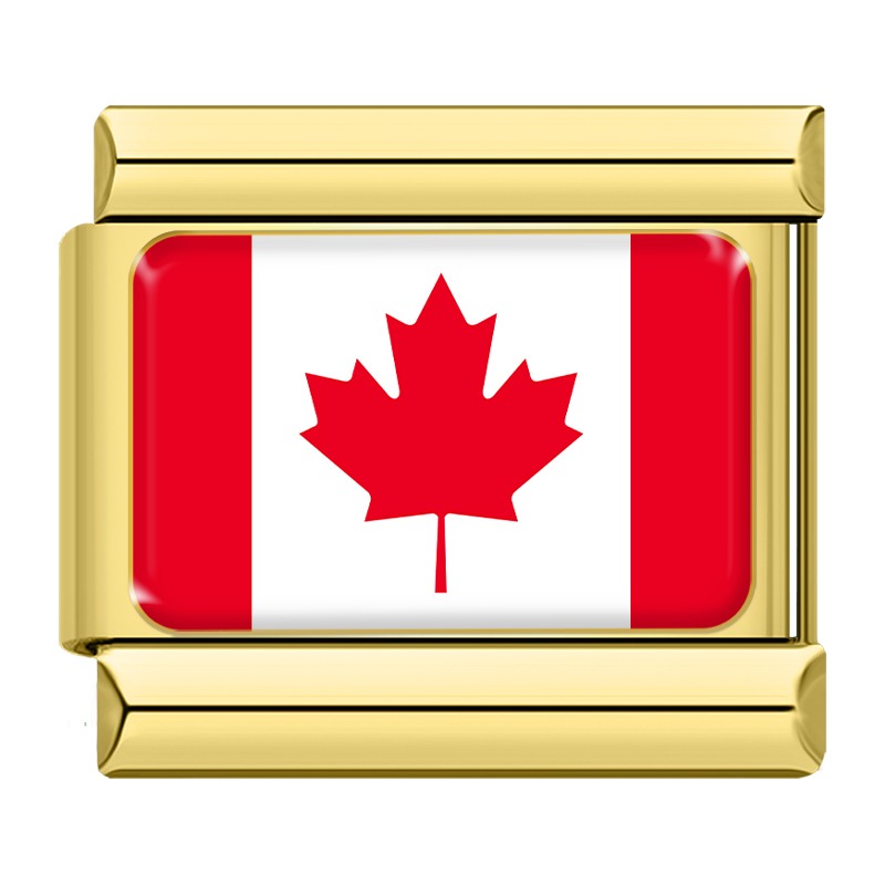 Gold World Nations Flag & Heritage Italian Charms – second view of Canada flag enamel charm with red maple leaf in gold frame, Italian charm bracelet charm by Charmtastic