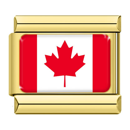 Gold World Nations Flag & Heritage Italian Charms – second view of Canada flag enamel charm with red maple leaf in gold frame, Italian charm bracelet charm by Charmtastic
