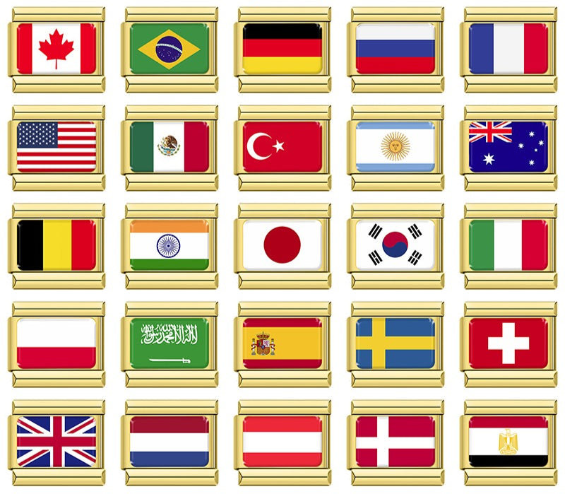 Gold World Nations Flag & Heritage Italian Charms – overview of 25 gold-frame national flag enamel charms including Canada, Brazil, Germany, Russia, France, USA, Mexico, Turkey, Argentina, Australia, Belgium, India, Japan, South Korea, Italy, Poland, Saudi Arabia, Spain, Sweden, Switzerland, UK, Netherlands, Austria, Denmark, and Egypt, Italian charm bracelet charms by Charmtastic