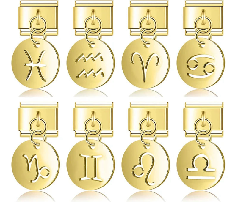 A set of 12 gold zodiac dangle Italian charms on 9mm modular links featuring laser-cut symbols for Pisces, Aquarius, Aries, Cancer, Capricorn, Gemini, Leo, and Libra - Charmtastic